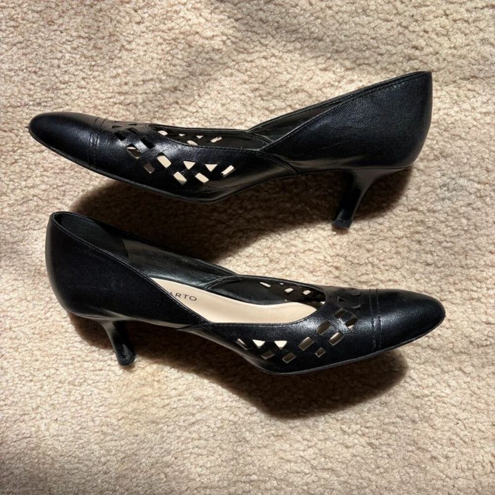Franco Sarto black leather kitten heel pumps cutout laser cut
